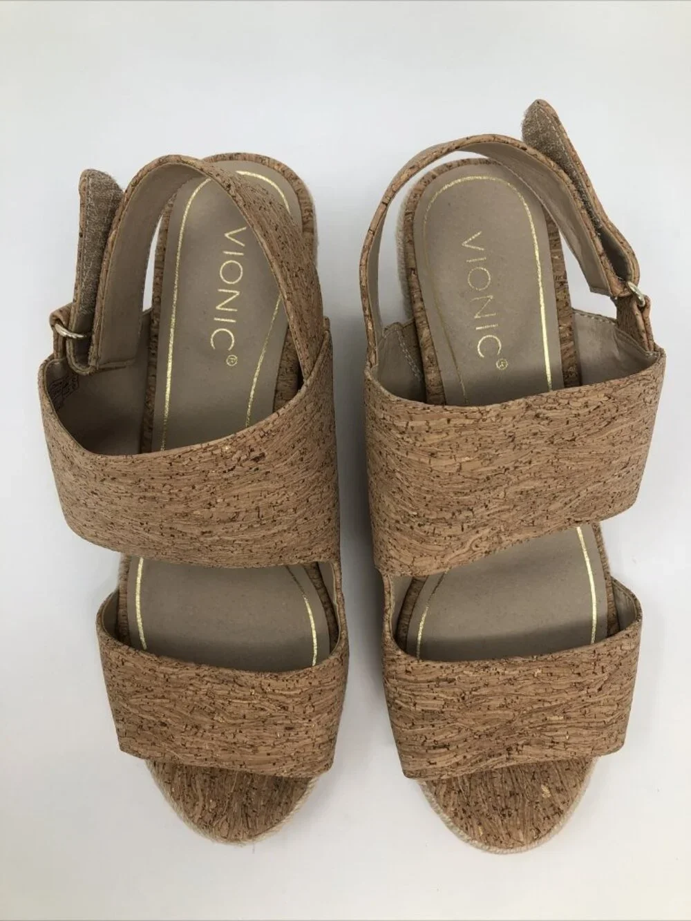 Vionic Shoes Womens 9 Brooke Cork Beige Espadrille Gold Fleck Wedge Heel Sandal